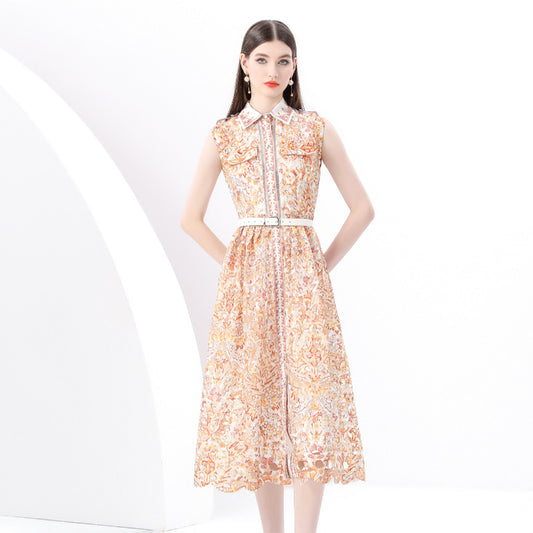 court style deep V-neck small flying sleeves waist thin single-breasted printing split-ended ruffle edge holiday dress