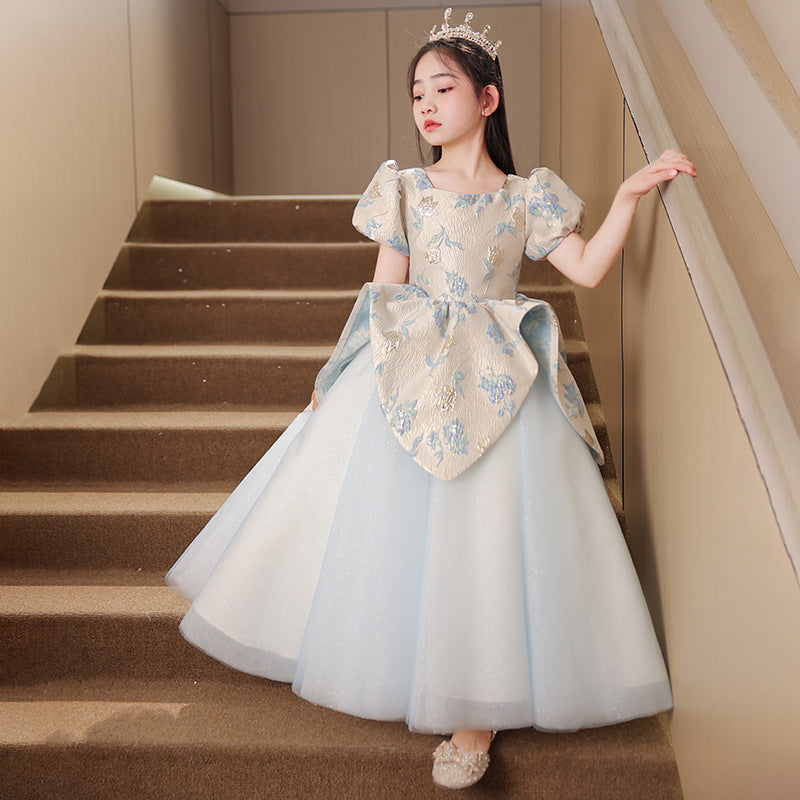 flowersverse Girls' Dress High-End Affordable Luxury Summer Princess Dress Blue Children's Little Host Piano Performance Costume