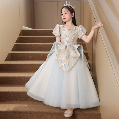 flowersverse Girls' Dress High-End Affordable Luxury Summer Princess Dress Blue Children's Little Host Piano Performance Costume