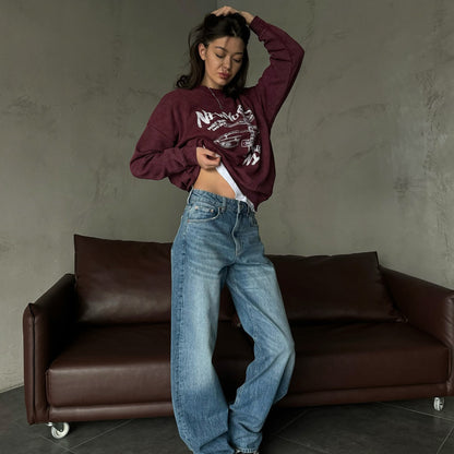 Spring  new retro printed sweater  loose round neck letter printed niche women's top