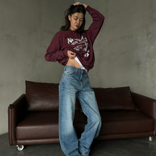 Spring  new retro printed sweater  loose round neck letter printed niche women's top