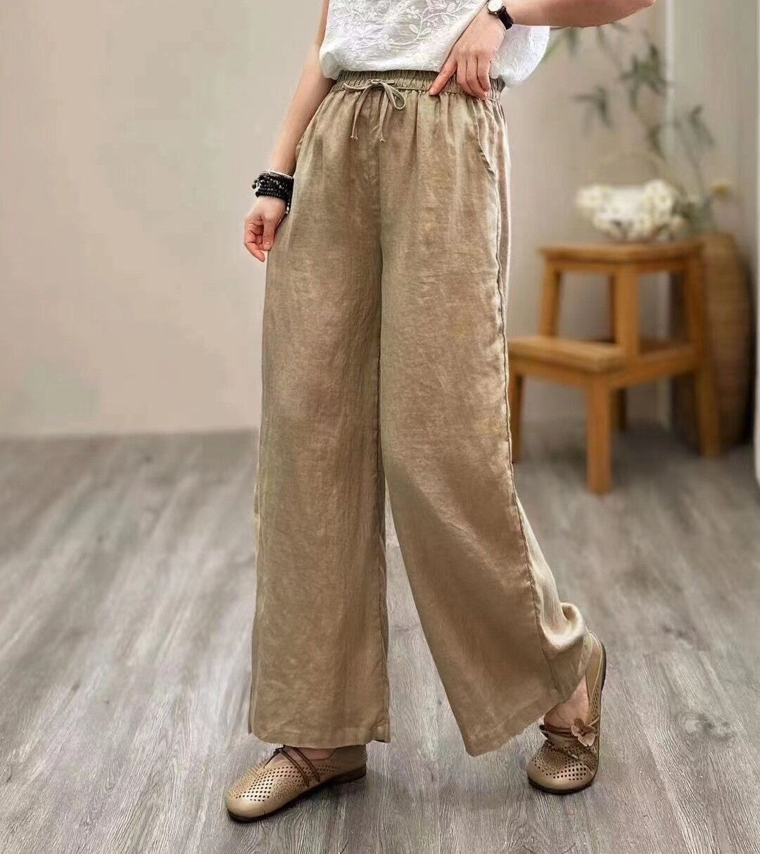 flowersverse Jianmeng Youyou Linen Wide-Leg Pants  Spring New Style Inner Edge Casual Pants for Women Elastic Waist Pants 8826