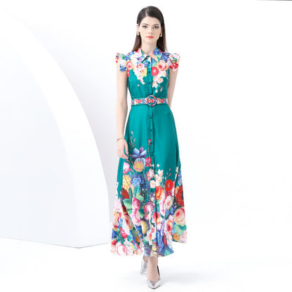 Early Spring - Court Lapel Sleeveless Waist Wide Skirt Printed Long Dress