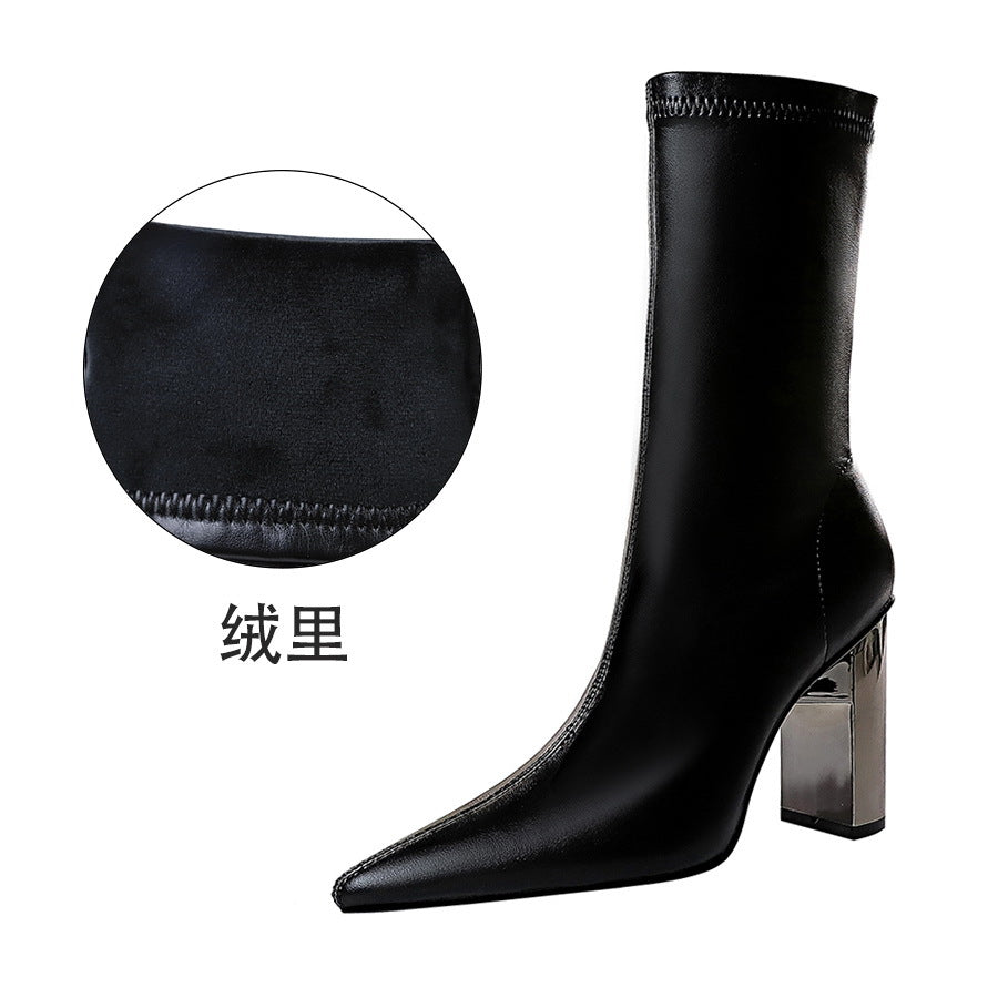 FLOWERSVERSE 2025 3228-12  style fashion thin boots metal thick heel high heel pointed sexy nightclub thin winter short boots