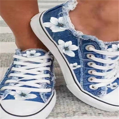 flowersverseWish Spring and Autumn Single-Layer Shoes Korean Style Denim Canvas Shoes Low-Top Lace-up Casual plus Size Women's Shoes Flat Student Shoes