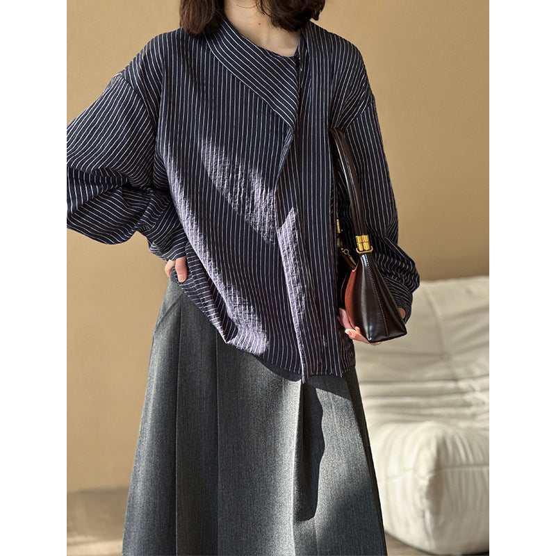 2025  spring new Korean version design sense niche lace-up stripes simple loose versatile long-sleeved shirt women 1918