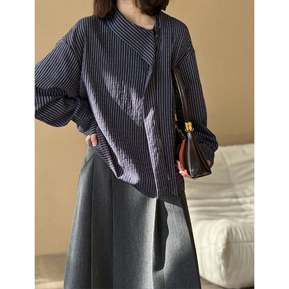 2025  spring new Korean version design sense niche lace-up stripes simple loose versatile long-sleeved shirt women 1918