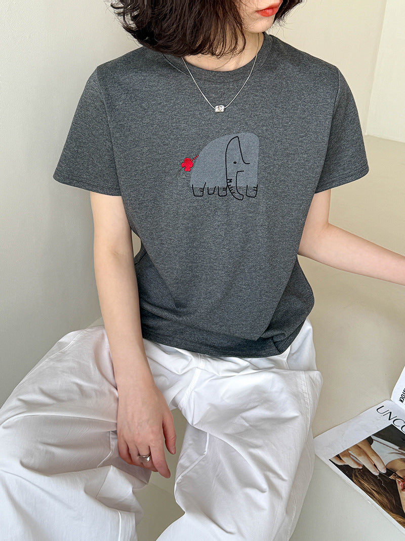 2025  Spring New Printed Short Sleeve T-Shirt Women's Autumn Inner Loose Casual Hot Bottom Top 90621