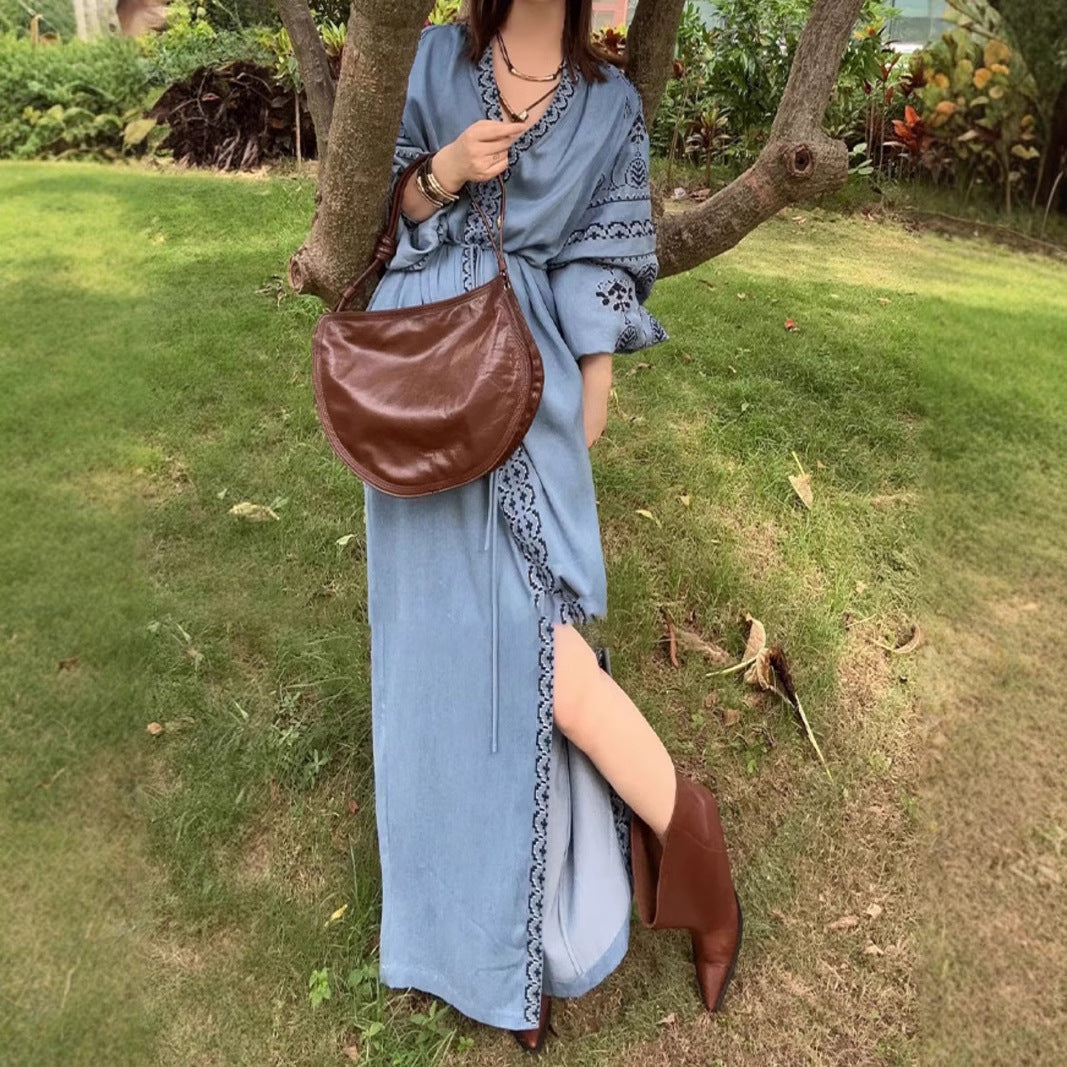 2025 spring new blue denim V-neck retro dress bohemian embroidered loose dress