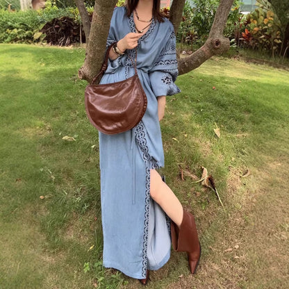 2025 spring new blue denim V-neck retro dress bohemian embroidered loose dress