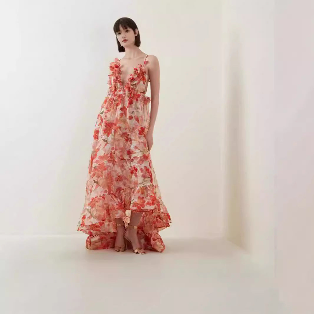 FLOWERSVERSE popular new spring and summer off-the-shoulder V-neck women's clothing suspender printing fairy long temperament evening dress big swing dress