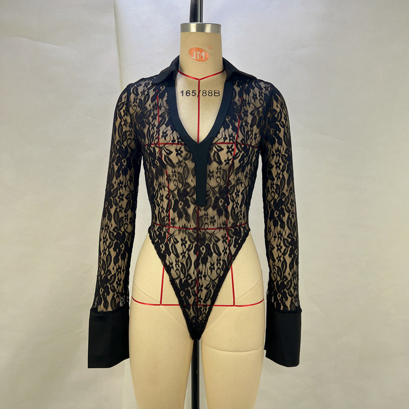 New popular sexy lace splicing deep V long-sleeved top slim-fitting perspective high-waisted flared pants women's suit