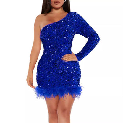 FLOWERSVERSE popular Women's Spring  New Single Shoulder Off-Shoulder Sequin Medium and Long Dress Slant Shoulder Trend Feather Evening Dress