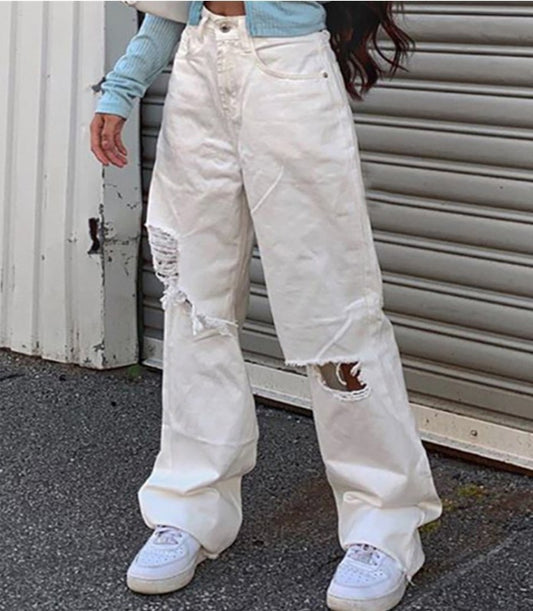 Popular trade solid color ripped loose jeans women