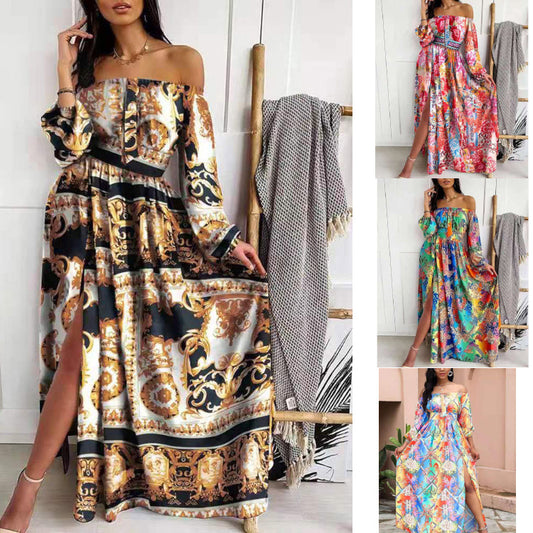 FLOWERSVERSE 2025 New 2025 summer women's dress round neck temperament commuting elastic waist casual pendulum printed skirt