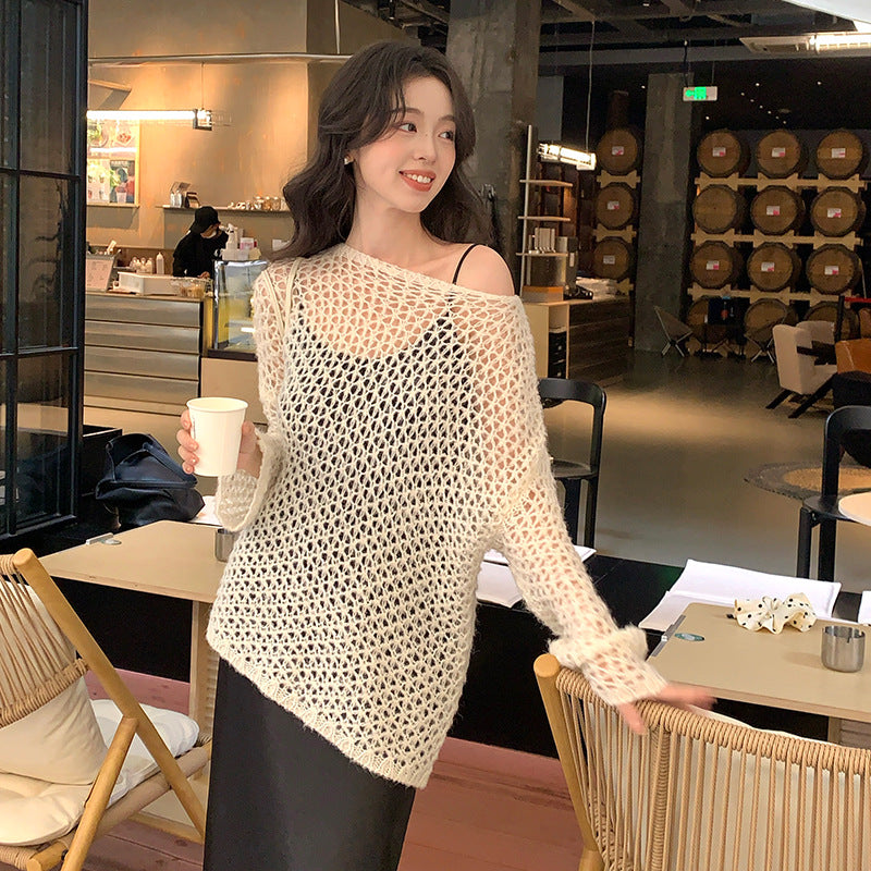 2025 spring loose long-sleeved hollow mohair knitted sweater top oversize sweater 25153