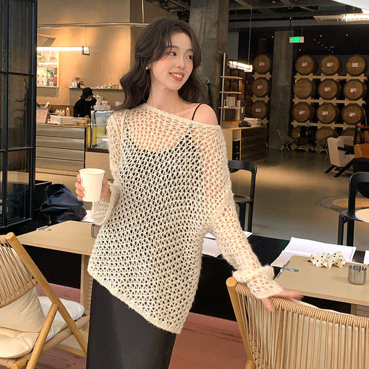 2025 spring loose long-sleeved hollow mohair knitted sweater top oversize sweater 25153