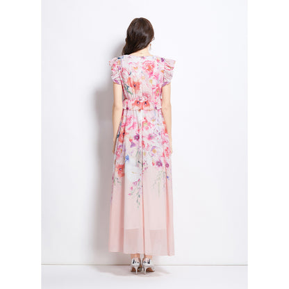 Holiday style dress women's  summer dress  celebrities elegant V-neck small flying sleeves waist temperament printed long dress