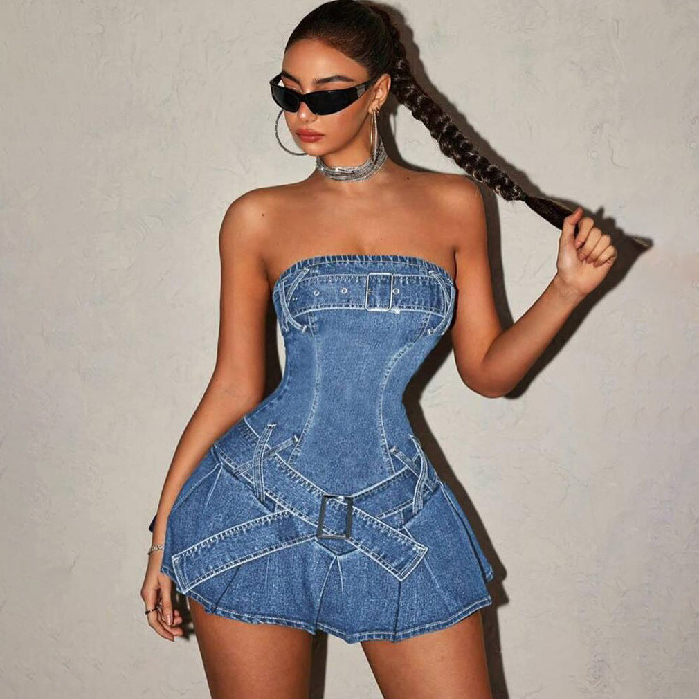 fashion high street Spice Girls trendy brand metal buckle strap-on tube top waist short skirt sexy wash pleated denim skirt