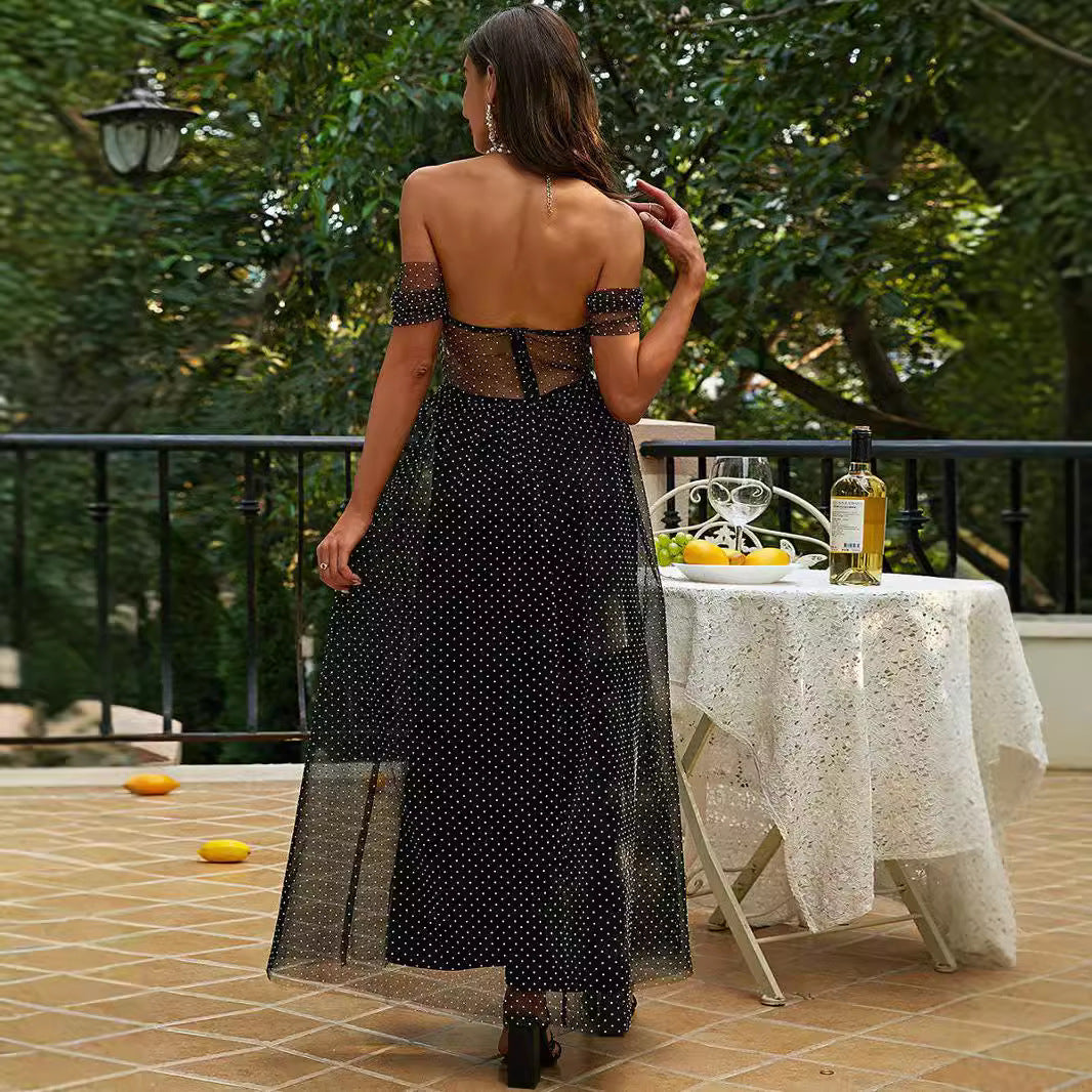 FLOWERSVERSE New summer women's slim-fit fashion black tube top mesh polka dot off-the-shoulder princess dress temperament dress