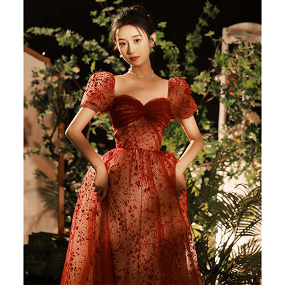 Princess on the Run Toast Bride Female Spring Cross-border Temperament Burgundy Hepburn Style Engagement  Dress