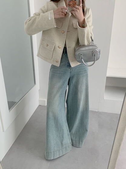 2025 Xiaoxiangfeng solid color lapel single-breasted short double-sided wool coat woolen jacket high-end women's metal buttons