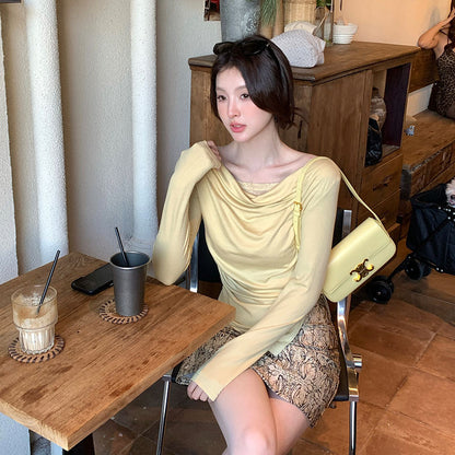 2025 Thirteen Lines  Spring New Korean Edition Temperament Lace Swing Neck Bottom Shirt Long Sleeve Top 89209