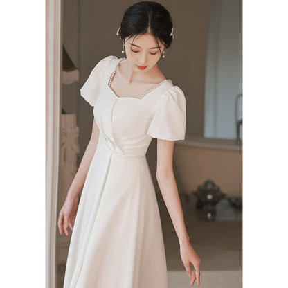 Small white evening dress can be worn at ordinary times, small white dress for graduation dates,  spring engagement certificate registration dress
