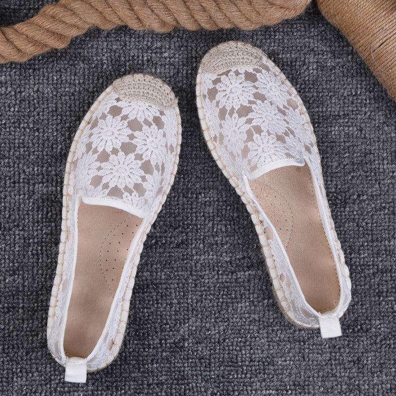 flowersverseSummer Women's Shoes Thin Pumps Linen Fisherman Shoes Women's Slip-on Lace Hollow-out Old Beijing Soft Bottom Cloth Shoes