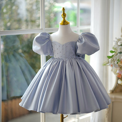 flowersverse Flower Girl Princess Dress Little Girl Dress Haze Blue Children's Birthday Little Host Girl Piano Performance Costume