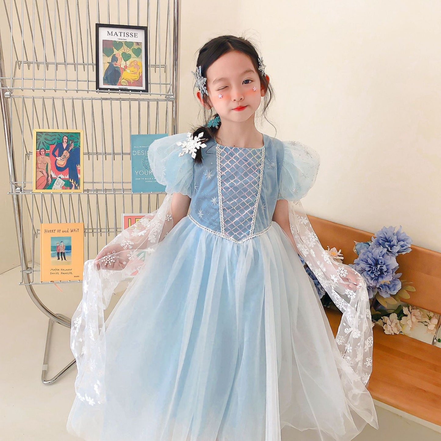 flowersverse Spring New Girls' Frozen Elsa's Princess Dress Dress Snowflake Shawl Birthday Dress Elsa