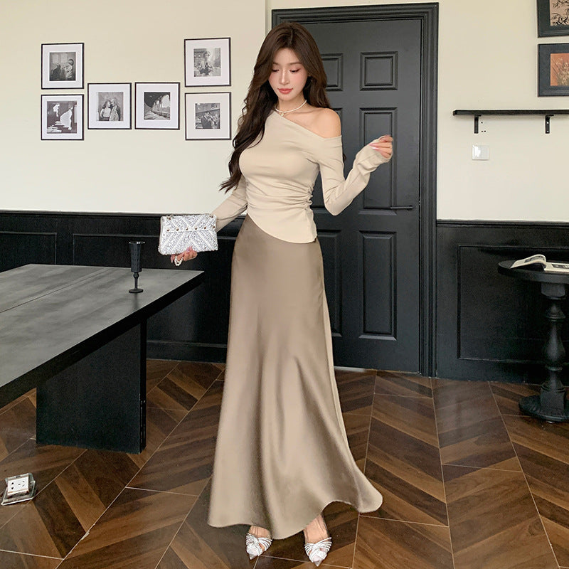 2025 Early autumn pure desire slanted shoulder design pleated waist top women's high sense imitation acetic acid A-shaped skirt skirt set
