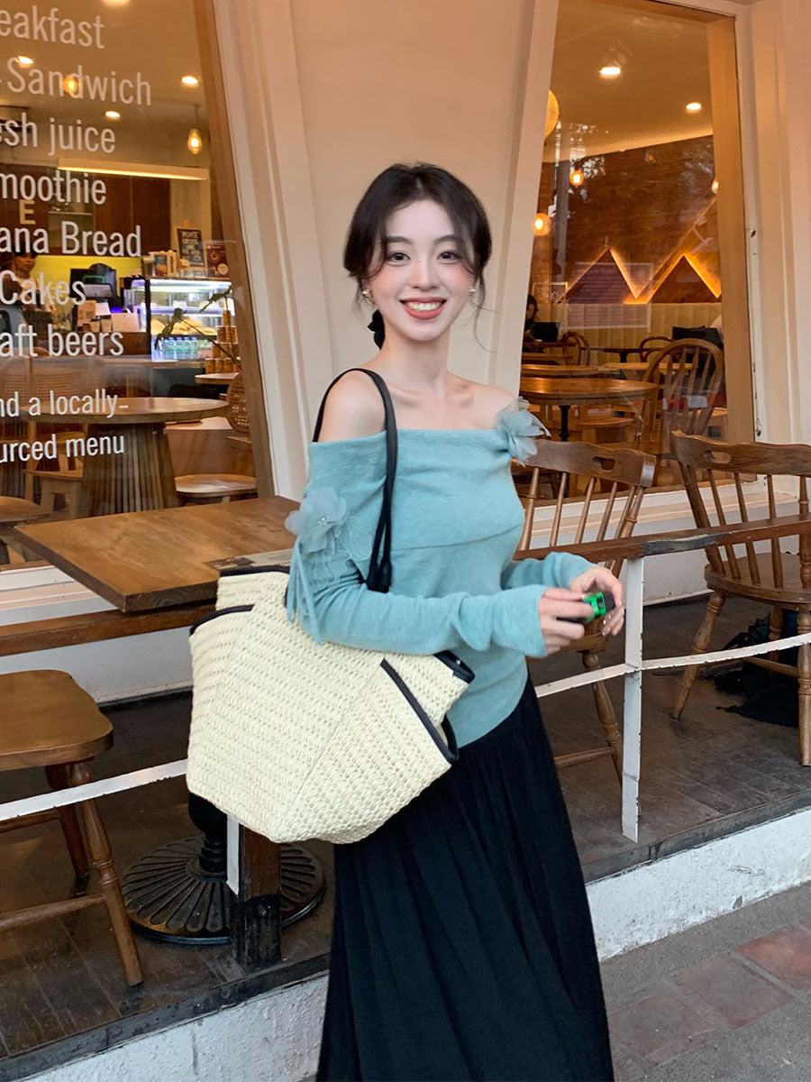 2025 spring new Korean version of flower temperament one-word neck wool knitted sweater women's top 25188