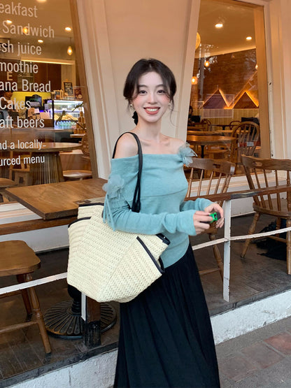 2025 spring new Korean version of flower temperament one-word neck wool knitted sweater women's top 25188