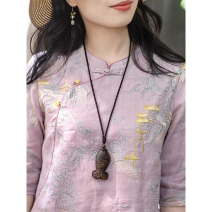 Literary and elegant ramie embroidered new Chinese shirt women's summer niche design stand-up collar diagonal placket middle-sleeved top