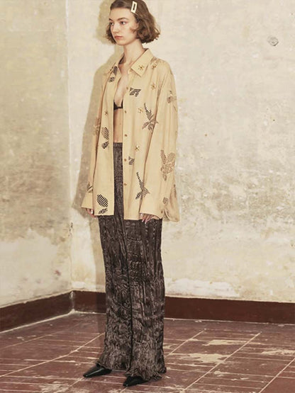 Siyuan I * C niche linen hand-embroidered hollow design long-sleeved shirt women's summer new loose top 7779