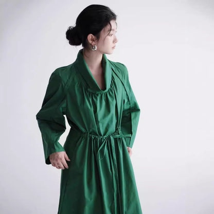2025 Spring Original Design Green Cotton Waist Adjustable Pleated Long Dress Jacket A0810
