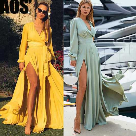 In , New new  women's clothing deep V-neck splicing slit big swing dress solid color fashionable yellow dress