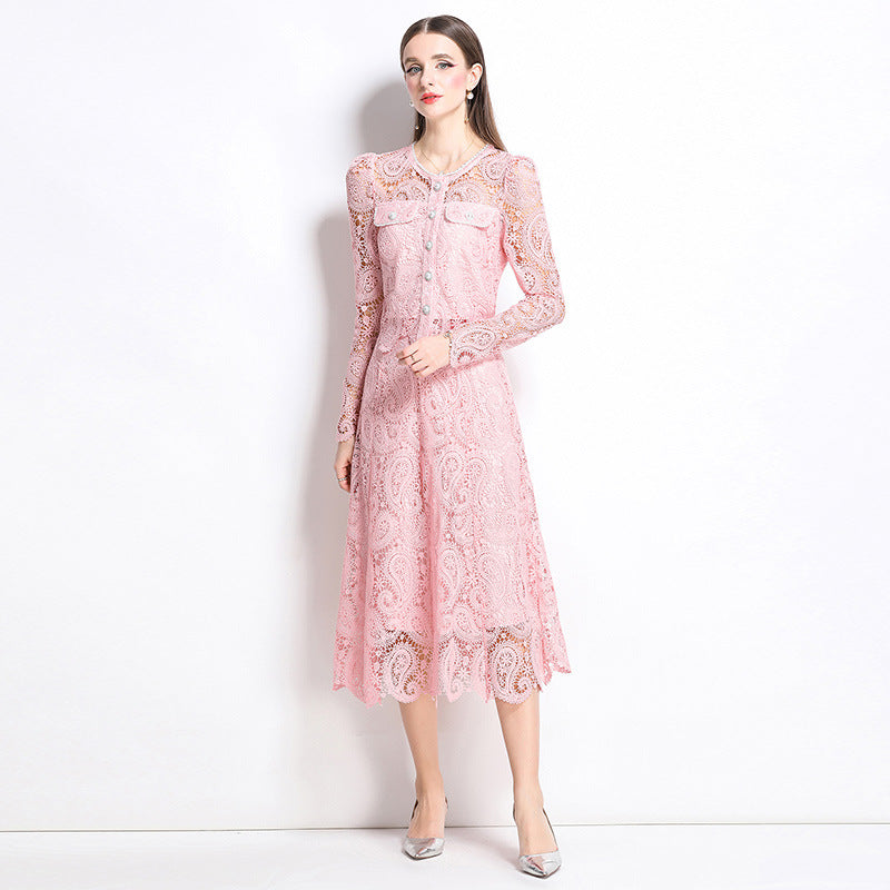 Hot style fashion temperament bead embroidery long-sleeved lace top skirt two-piece suit women's high-end dress