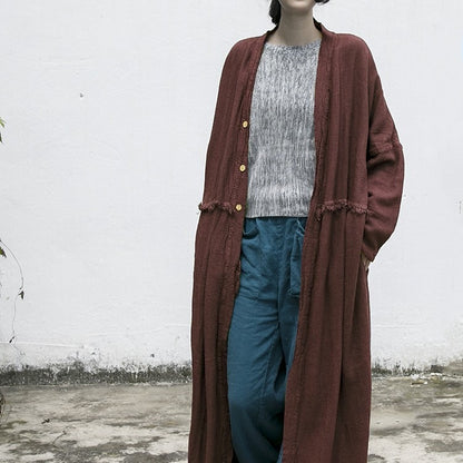 spring and autumn cotton and linen retro rough edge heavy linen cardigan purple literary travel long coat