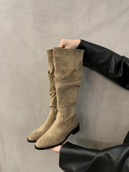 2025  Heel Pile Boots Retro Suede Black Long Women's Boots Western Boots Autumn and Winter Fleece Warm Boots Knight Boots