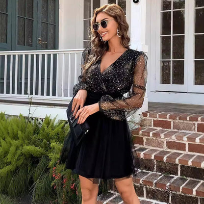 FLOWERSVERSE Trade independent station EABY mesh yarn, lantern long sleeve sexy deep V bronzing dress  2025 spring heat