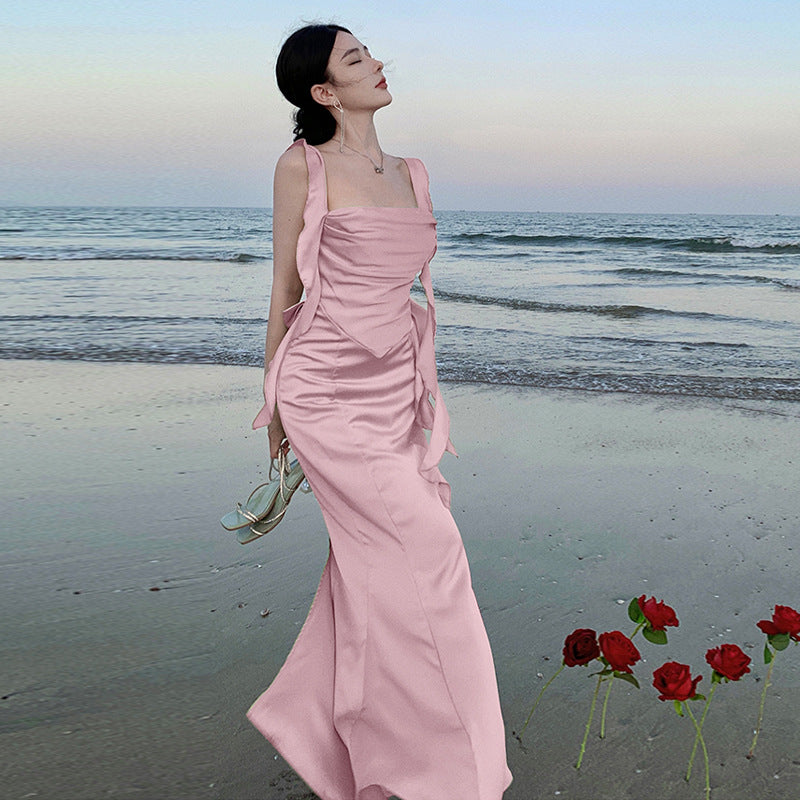 2025 Pure lust sexy swinging collar pink backless streamer dress bridal bridesmaid dress dressing gown toast dress suspender dress