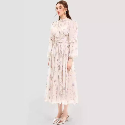 FLOWERSVERSE 2025 cross-border new autumn and winter fashion chiffon printed lotus leaf edge temperament long-sleeved evening dress dress