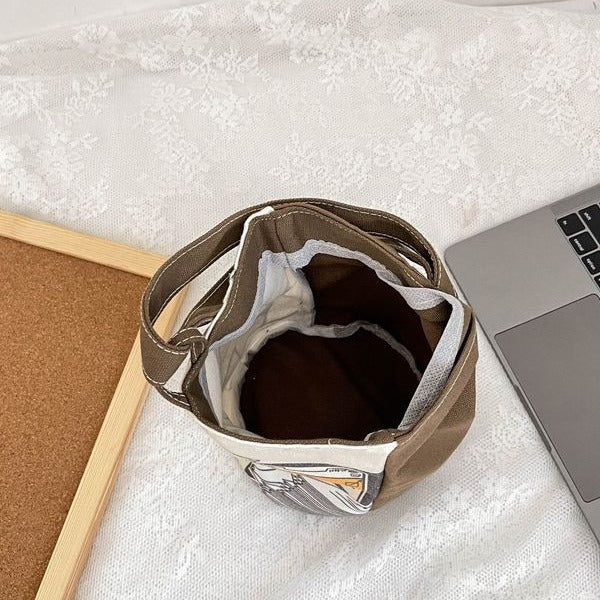 FLOWERSVERSE  New Cartoon Canvas Bag Bucket Bag Printed Cute Small Handbag Contrast Color Bento out Rabbit Small Carrying Bag