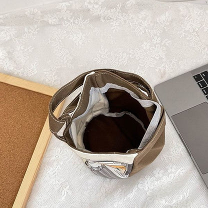 FLOWERSVERSE  New Cartoon Canvas Bag Bucket Bag Printed Cute Small Handbag Contrast Color Bento out Rabbit Small Carrying Bag