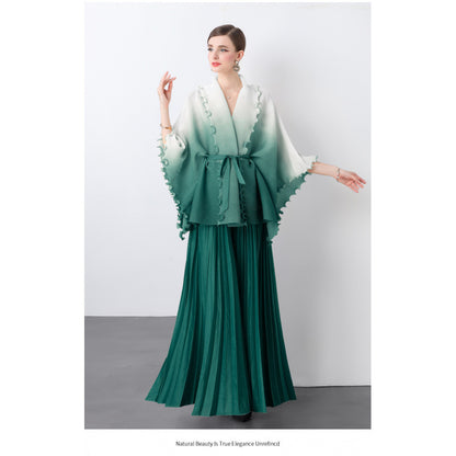 Fashion suit women's clothing strap waist gradual change color pleated cardigan top high waist pleated skirt two sets