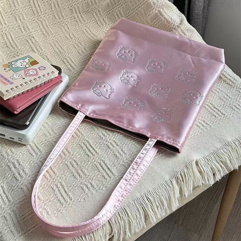 FLOWERSVERSE  Xiaohongshu New Kitty Hot Rhinestone Full Printed Satin Silk Bag Cute High Sense Mini Tote Handbag Female