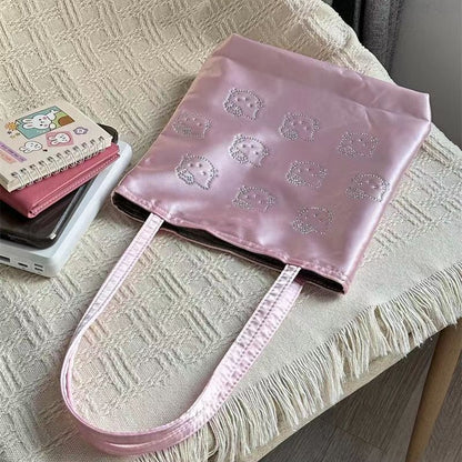 FLOWERSVERSE  Xiaohongshu New Kitty Hot Rhinestone Full Printed Satin Silk Bag Cute High Sense Mini Tote Handbag Female