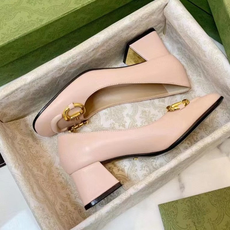 flowersverse  Pure Original G High Heels Horsebit Buckle Genuine Leather Retro Slip-on Square Toe Chunky Heel Closed Toe Strap Slingback Sandals Women